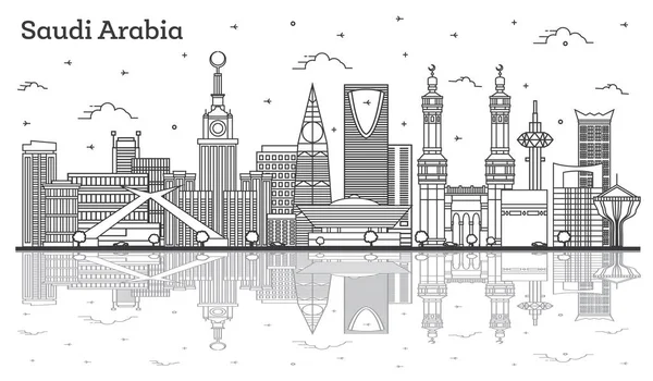 Outline Saudi Arabia City Skyline Historic Modern Buildings Reflections Isolated — Stock Vector