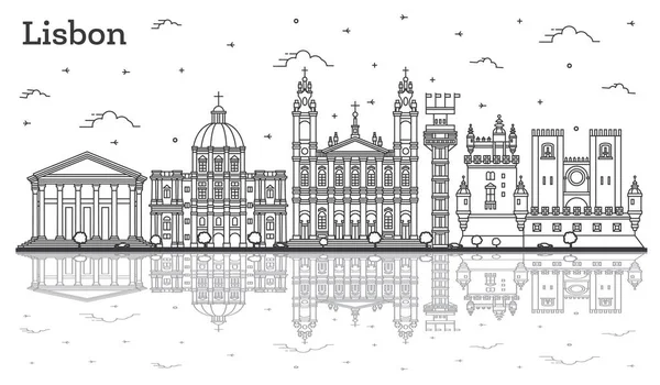 Лісабонське Місто Скайлайн Історичними Будівлями Відображеннями Ізольовані Білому Векторна Ілюстрація — стоковий вектор