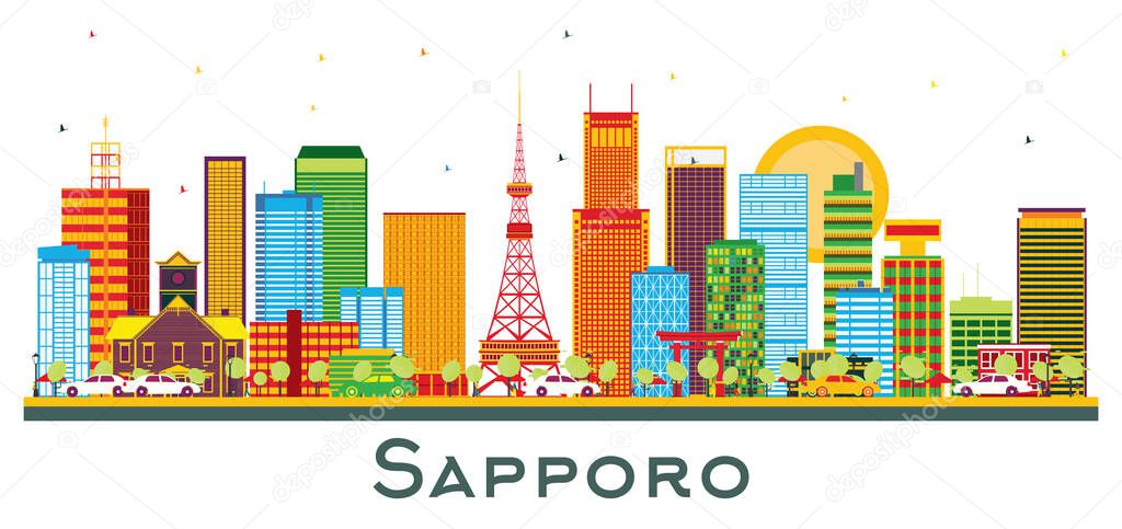 Sapporo Japan City Skyline with Color Buildings Isolated on White. Vector Illustration. Business Travel and Tourism Concept with Modern Architecture. Sapporo Cityscape with Landmarks.