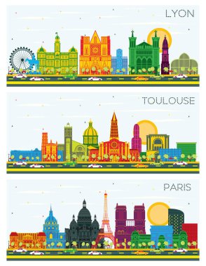 Lyon, Paris ve Toulouse France City Skyline Set Renkli Binalar ve Mavi Gökyüzü. Tarihi Mimariyle İş Seyahati ve Kavram. Yer İmlerine sahip şehir manzarası.