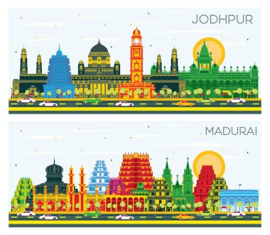 Madurai ve Jodhpur Hindistan City Skyline Set Renkli Binalar ve Mavi Gökyüzü ile. Tarihi Mimariyle İş Seyahati ve Kavram. Yer İmlerine sahip şehir manzarası.