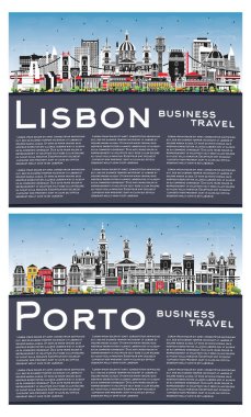 Porto ve Lizbon Portekiz Şehri Skyline Set Renkli Binalar, Mavi Gökyüzü ve Kopya Boşluğu. Yer İmlerine sahip şehir manzarası.