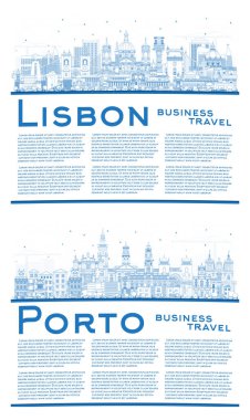 Porto ve Lisbon Portugal City Skyline set ve Blue Buildings ve Copy Space. Yer İmlerine sahip şehir manzarası.