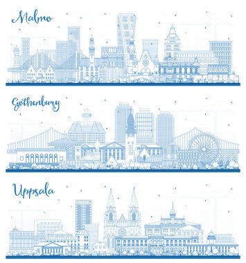 Göteborg, Uppsala ve Malmö Şehri Skyline Set ve Mavi Binalar. Şehir simgeleriyle dolu. Tarihi Mimariyle İş Seyahati ve Turizm Konsepti.