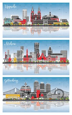 Göteborg, Uppsala ve Malmö City Skyline Set ile birlikte Renkli Binalar, Mavi Gök ve Yansımalar. Şehir simgeleriyle dolu. Tarihi Mimariyle İş Seyahati ve Turizm Konsepti.