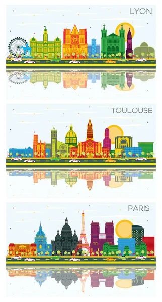 Лион Париж Тулуз Франс Сити Skyline Set Цветными Зданиями Голубым — стоковое фото