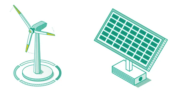 Central Eólica Isométrica Panel Batería Solar Aislados Sobre Fondo Blanco — Foto de Stock