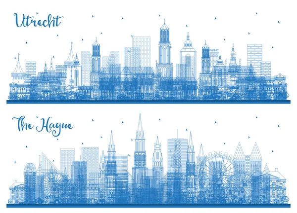 Bosquejo Haya Utrecht Países Bajos City Skyline Set Blue Buildings —  Fotos de Stock