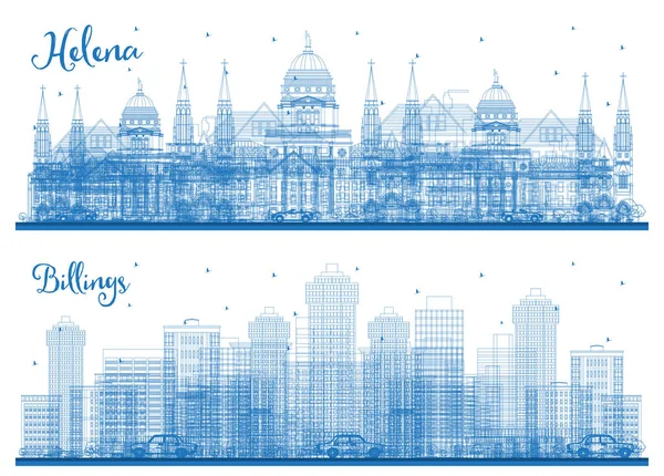 Outline Billings and Helena Montana City Skyline Set with Blue Buildings. Business Travel and Tourism Concept with Historic Architecture. Cityscape with Landmarks.