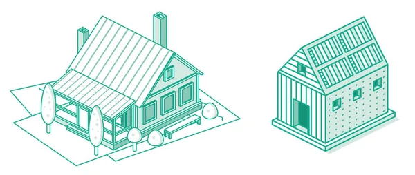 Isometric Outline Suburb Residential Building Illustration Petite Grange Avec Panneaux — Photo