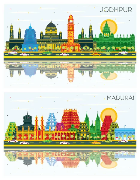 Madurai Dan Jodhpur India City Skyline Set Dengan Color Buildings — Stok Foto