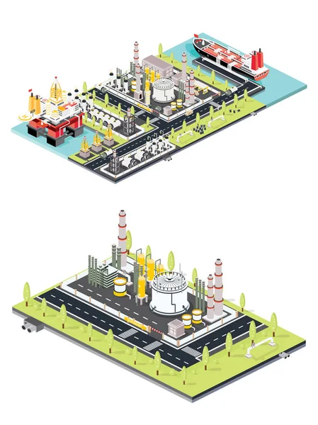 精炼厂 等距油罐农场 海上石油钻井平台 在一个储油仓码头停泊有油轮的海港 石油工业 工业海港 — 图库照片