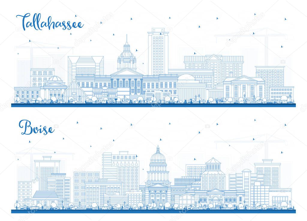 Outline Boise Idaho and Tallahassee Florida City Skyline Set with Blue Buildings. Cityscape with Landmarks. Business Travel and Tourism Concept with Modern Architecture.