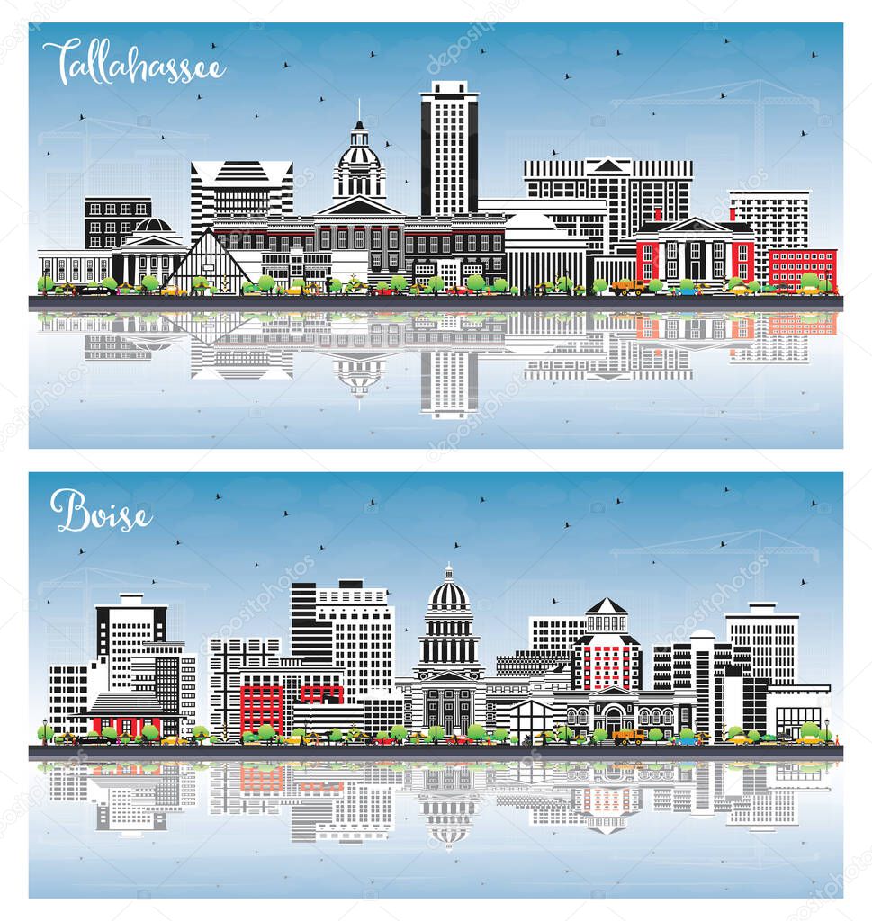 Boise Idaho and Tallahassee Florida City Skyline Set with Color Buildings, Blue Sky and Reflections. Cityscape with Landmarks. Travel and Tourism Concept with Modern Architecture.