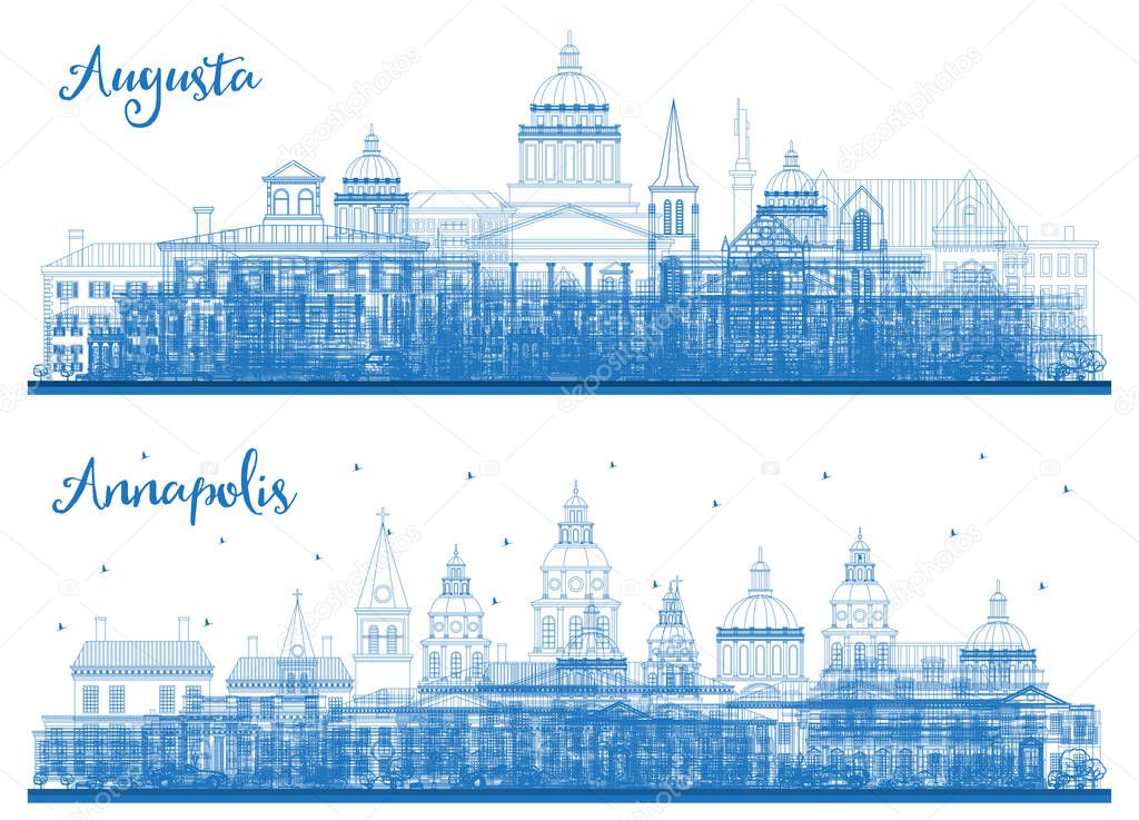 Outline Annapolis Maryland and Augusta Maine City Skyline Set with Blue Buildings. Business Travel and Tourism Concept with Historic Architecture. Cityscape with Landmarks.