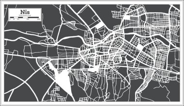 Nis Serbia City Map in Black and White Color in Retro Style. Outline Map. Vector Illustration.