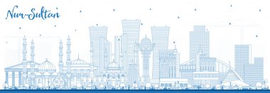 Mavi binalı Nur-Sultan Kazakistan şehrinin silueti. Vektör İllüstrasyonu. Nur-Sultan Şehri 'nin simgeleri. Modern Mimariyle İş Seyahati ve Turizm Konsepti.