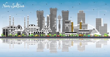 Renk Binaları, Mavi Gökyüzü ve Yansımaları ile Nur-Sultan Kazakistan Şehri Skyline. Vektör İllüstrasyonu. Nur-Sultan Şehri 'nin simgeleri. Modern Mimariyle Seyahat ve Turizm Konsepti.