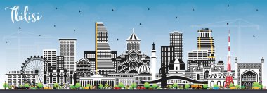 Renkli Binalar ve Mavi Gökyüzü ile Tiflis Georgia City Skyline. Vektör İllüstrasyonu. Şehir simgeleriyle Tiflis şehri. Tarihi Mimariyle İş Seyahati ve Turizm Konsepti.