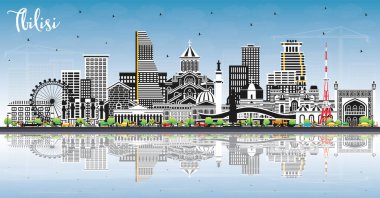 Renkli Binalar, Mavi Gök ve Yansımalar ile Tiflis Georgia City Skyline. Vektör İllüstrasyonu. Şehir simgeleriyle Tiflis şehri. Tarihi Mimariyle İş Seyahati ve Turizm Konsepti.