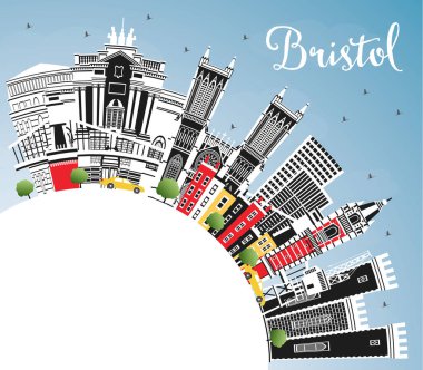 Bristol UK City Skyline ve Color Buildings, Blue Sky ve Copy Space. Vektör İllüstrasyonu. Bristol İngiltere Şehir Simgeleri ile Şehir. Tarihi Mimariyle İş Seyahati ve Turizm Konsepti.