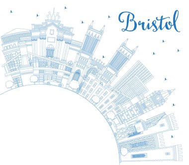 Blue Buildings ve Copy Space ile Bristol UK City Skyline 'ın ana hatları. Vektör İllüstrasyonu. Bristol İngiltere Şehir Simgeleri ile Şehir. Tarihi Mimariyle İş Seyahati ve Turizm Konsepti.