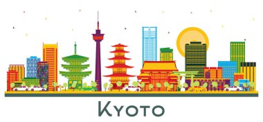Kyoto Japonya Şehri Skyline 'ı ve beyaza izole edilmiş Renk Binaları. Vektör İllüstrasyonu. Tarihi Simgeli Kyoto Şehir Manzarası. Tarihi Mimariyle İş Seyahati ve Turizm Konsepti.
