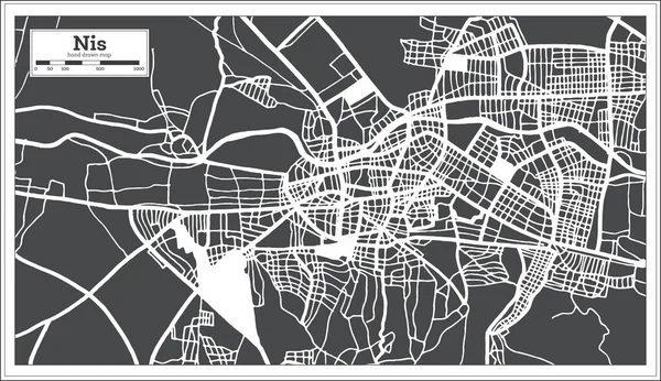 Nis Szerbia Város Térképe Fekete Fehér Színben Retro Stílusban Vázlatos — Stock Vector