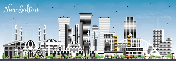 Nur Sultan Kazakhstan City Skyline Color Buildings Blue Sky Inglés — Vector de stock
