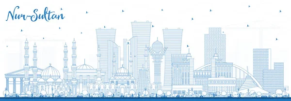 Outline Nur Sultan Kazakhstan City Skyline Blue Buildings Vector Illustration — Vector de stock