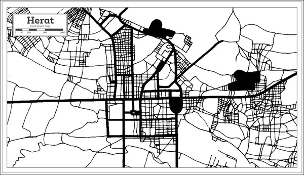 赫拉特阿富汗城市地图的黑白复古风格 概要地图 病媒图解 — 图库矢量图片