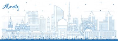 Outline Almaty Kazakhstan City Skyline with Blue Buildings. Vector Illustration. Almaty Cityscape with Landmarks. Business Travel and Tourism Concept with Modern Architecture.