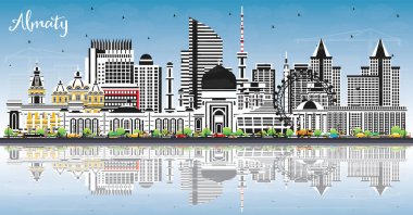 Almaty Kazakistan City Skyline Renkli Binalar, Mavi Gök ve Yansımalar. Vektör İllüstrasyonu. Landmark 'lı Almaty City manzarası. Modern Mimariyle İş Seyahati ve Turizm Konsepti.