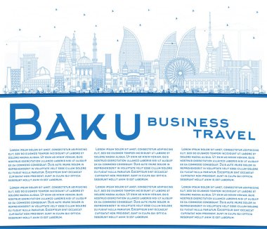 Blue Buildings ve Copy Space ile Bakü Azerbaycan City Skyline taslağı. Vektör İllüstrasyonu. Tarihi yerleri olan Bakü Şehri manzarası. Tarihi Mimariyle İş Seyahati ve Turizm Konsepti.
