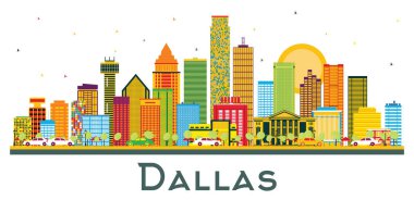 Dallas Texas USA City Skyline Renkli Binalar ve Mavi Gökyüzü Beyazlar 'da izole edilmiş. Vektör İllüstrasyonu. Modern Binalarla İş Seyahatleri ve Turizm Konsepti. Tarihi Simgelerle Dallas Şehri.