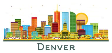Denver Colorado USA City Skyline Renkli Binalar ve Mavi Gökyüzü beyaza izole edilmiş. Vektör İllüstrasyonu. Modern Binalarla İş Seyahatleri ve Turizm Konsepti. Tarihi Simgelerle Denver Şehri.