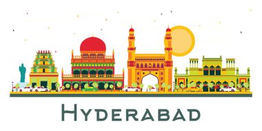 Hyderabad India City Skyline Renkli Binalar ve Mavi Gökyüzü beyaza izole edilmiş. Vektör İllüstrasyonu. Tarihi Binalarla İş Seyahatleri ve Turizm Konsepti. Hyderabad Şehir Manzarası.