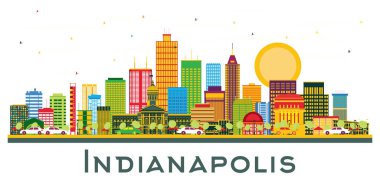 Indianapolis USA City Skyline Renkli Binalar ve Mavi Gökyüzü Beyazlar 'da izole edilmiş. Vektör İllüstrasyonu. Modern Binalarla Seyahat ve Turizm Konsepti. Tarihi Simgelerle İndianapolis Şehri.