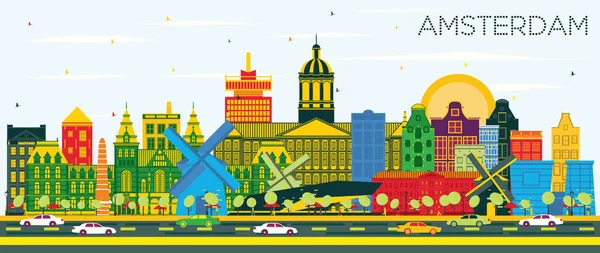 阿姆斯特丹荷兰城市天际线与彩色建筑和蓝天 矢量插图 商务旅游与历史建筑概念 阿姆斯特丹荷兰城市景观与地标 — 图库矢量图片