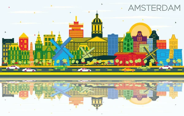 Amsterdam Holland City Skyline Color Buildings Blue Sky Reflections Vector — ストックベクタ