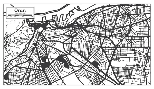 Oran Algeria City Map Retro Style Black White Color Outline — Vetor de Stock