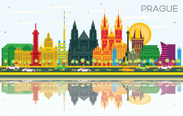 布拉格捷克共和国城市天际线与彩色建筑 蓝天和反射 矢量插图 商务旅游与历史建筑概念 布拉格城市景观与地标 — 图库矢量图片