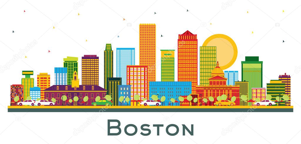 Boston Massachusetts USA City Skyline with Color Buildings and Blue Sky Isolated on White. Vector Illustration. Travel and Tourism Concept with Modern Buildings. Boston Cityscape with Landmarks.