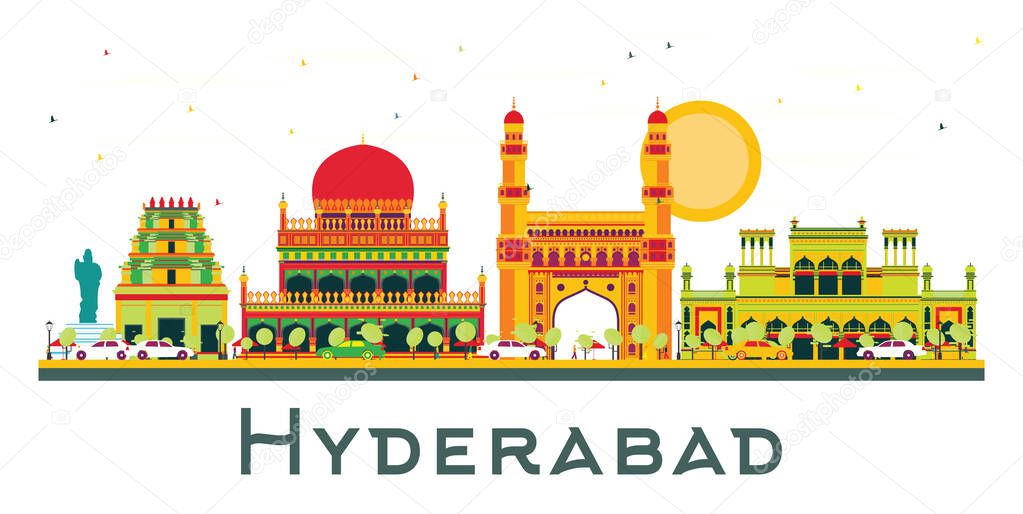 Hyderabad India City Skyline with Color Buildings and Blue Sky Isolated on White. Vector Illustration. Business Travel and Tourism Concept with Historic Buildings. Hyderabad Cityscape with landmarks.