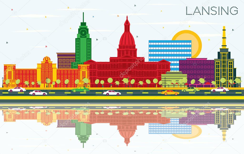 Lansing Michigan City Skyline with Color Buildings, Blue Sky and Reflections. Vector Illustration. Business Travel and Concept with Historic Architecture. Lansing USA Cityscape with Landmarks.