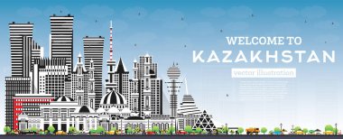 Welcome to Kazakhstan. City Skyline with Gray Buildings and Blue Sky. Vector Illustration. Concept with Modern Architecture. Kazakhstan Cityscape with Landmarks. Nur-Sultan and Almaty.
