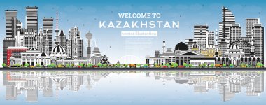 Welcome to Kazakhstan. City Skyline with Gray Buildings, Blue Sky and Reflections. Vector Illustration. Concept with Modern Architecture. Kazakhstan Cityscape with Landmarks. Nur-Sultan and Almaty.