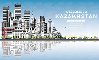 Welcome to Kazakhstan. City Skyline with Gray Buildings, Blue Sky and Reflections. Vector Illustration. Concept with Modern Architecture. Kazakhstan Cityscape with Landmarks. Nur-Sultan and Almaty.