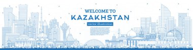 Outline Welcome to Kazakhstan. City Skyline with Blue Buildings. Vector Illustration. Concept with Modern Architecture. Kazakhstan Cityscape with Landmarks. Nur-Sultan and Almaty.