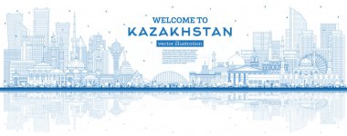 Outline Welcome to Kazakhstan. City Skyline with Blue Buildings and Reflections. Vector Illustration. Concept with Modern Architecture. Kazakhstan Cityscape with Landmarks. Nur-Sultan and Almaty.